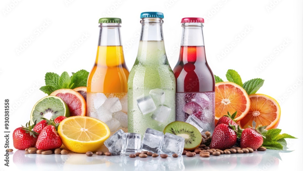 Fototapeta premium A refreshing glass bottle filled with fizzy soda and garnished with ice and fruits, isolated on a white background with a blank label for customization.
