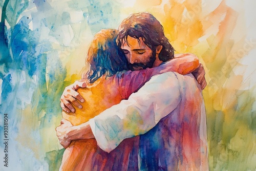 Watercolor of Jesus embracing a sinner with open arms, highlighting forgiveness and redemption, belief, Christianity