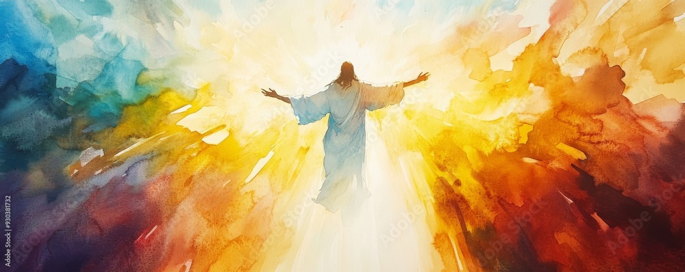 Fototapeta premium Jesus' resurrection, vibrant watercolor capturing the moment of ascension with bright, uplifting colors, religion