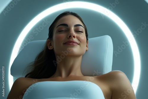 Woman meditating in a serene environment with a glowing halo embodying peace balance and spiritual enlightenment in a minimalist tranquil setting