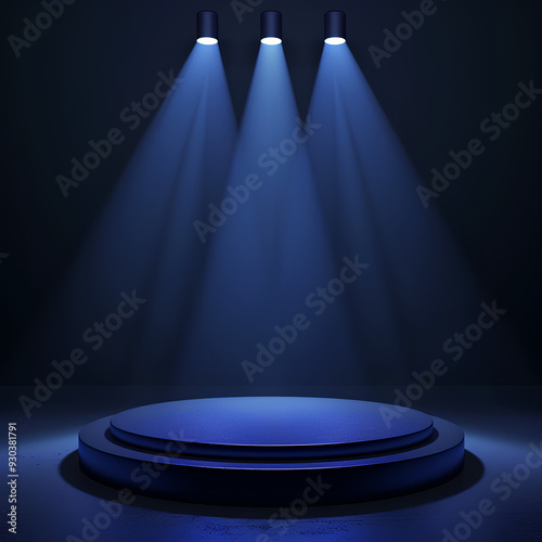 Dark blue environment with a winner's podium on a spotlighted stage