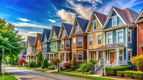 Fototapeta Naklejka Na Ścianę i Meble -  A row of colorful, varied, multi-story houses with different architectural styles, textures, and facades, lined up along a quiet, tree-lined suburban street.