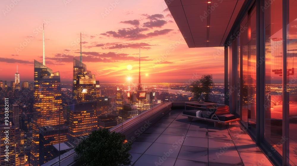 Naklejka premium Beautiful sunset view from the terrace of an expensive apartment overlooking New York City, with large glass windows and modern architecture. Skyscrapers and a modern cityscapes