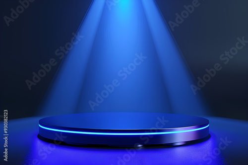 Blue round podium on a technological background with blue lights