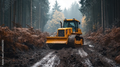 ulldozer clearing a path through dense forest, symolizing the power of heavy equipment in land development. photo