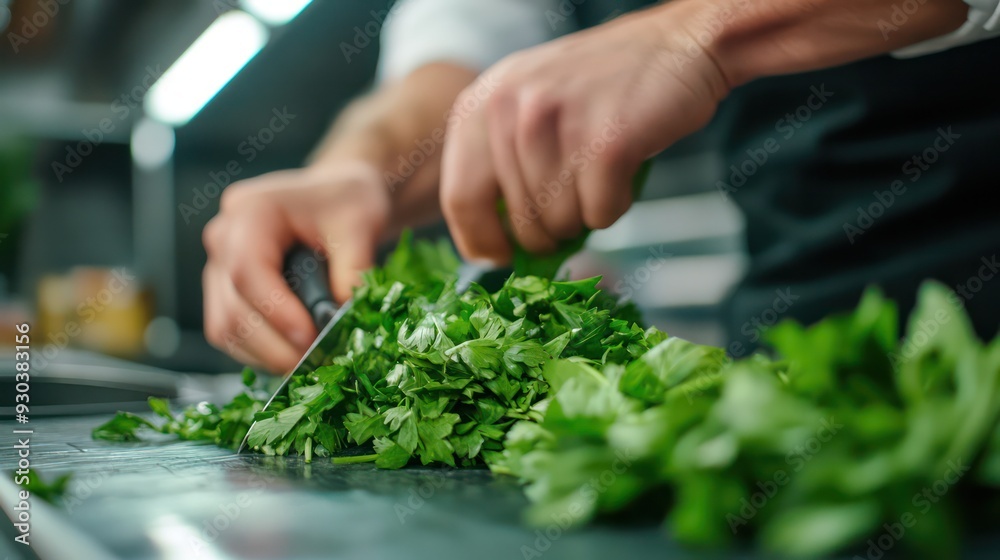 Chef chopping hers in a professional kitchen, highlighting the preparation and freshness of ingredients in cooking.