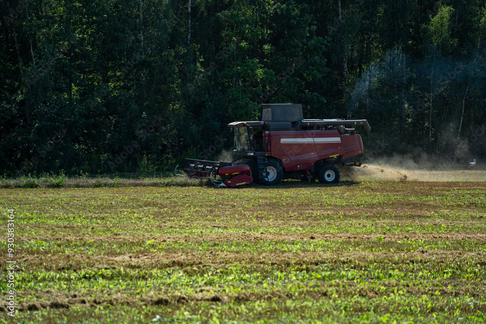 The harvester is working in the field. The combine harvester harvests wheat The harvester is working in the field. The combine harvester harvests wheat