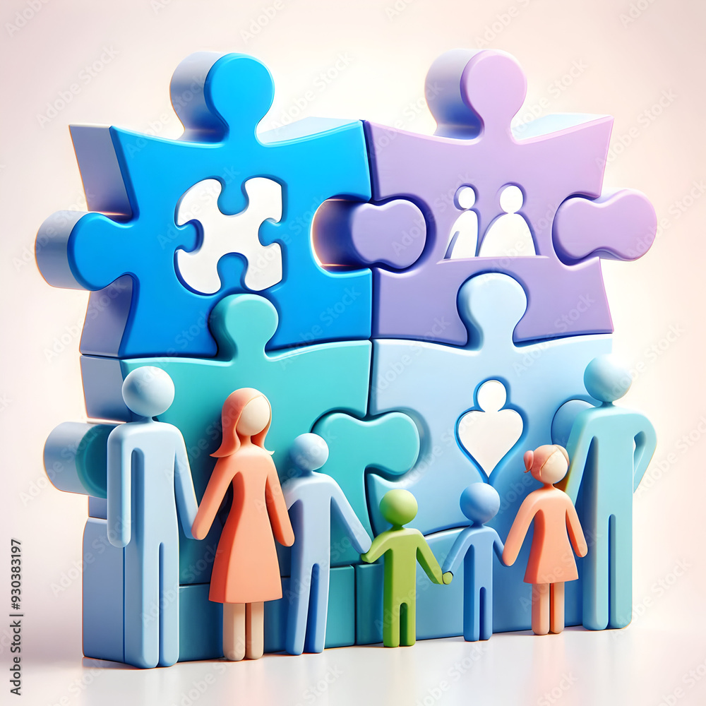 3D Family Puzzle Pieces Vector Illustration - Diverse Family Members in Playful Font for Unity Campaigns 3D Family Puzzle Pieces Vector Illustration - Diverse Family Members in Playful Font for Unity Campaigns