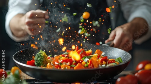 Chef tossing vegetales in a hot pan, flames rising, symolizing the excitement and energy in professional cooking. photo