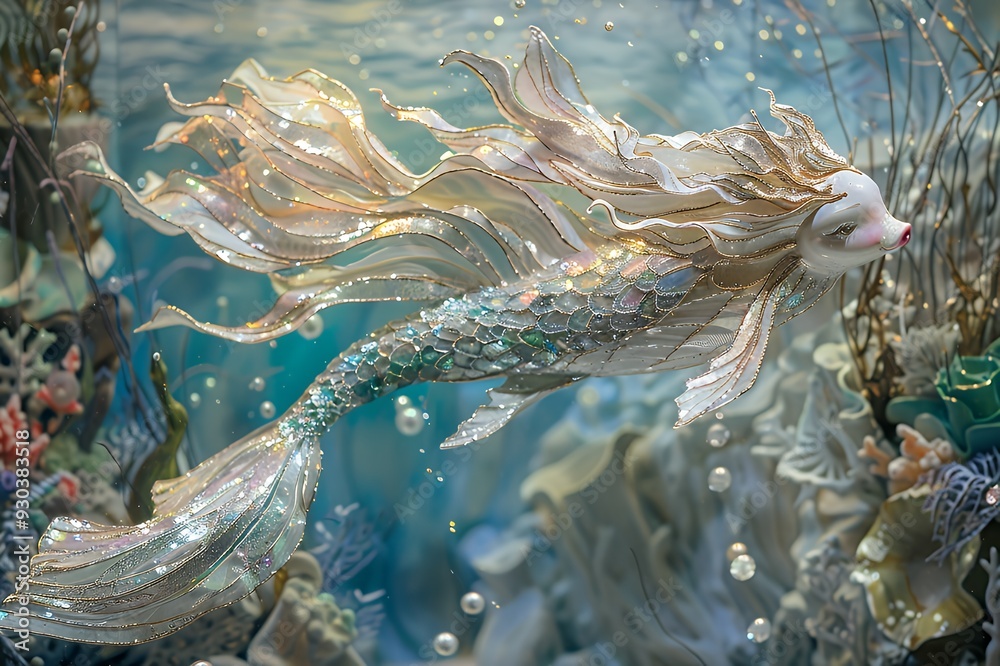 A whimsical mermaid swims gracefully through an underwater scene filled with vibrant coral. A whimsical mermaid swims gracefully through an underwater scene filled with vibrant coral.