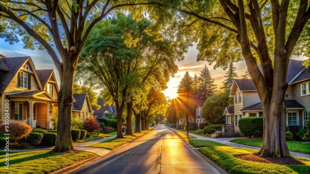 A serene, suburban street lined with towering trees, empty sidewalks, and solitary homes stands still, bathed in warm, golden afternoon light. A serene, suburban street lined with towering trees, empty sidewalks, and solitary homes stands still, bathed in warm, golden afternoon light.