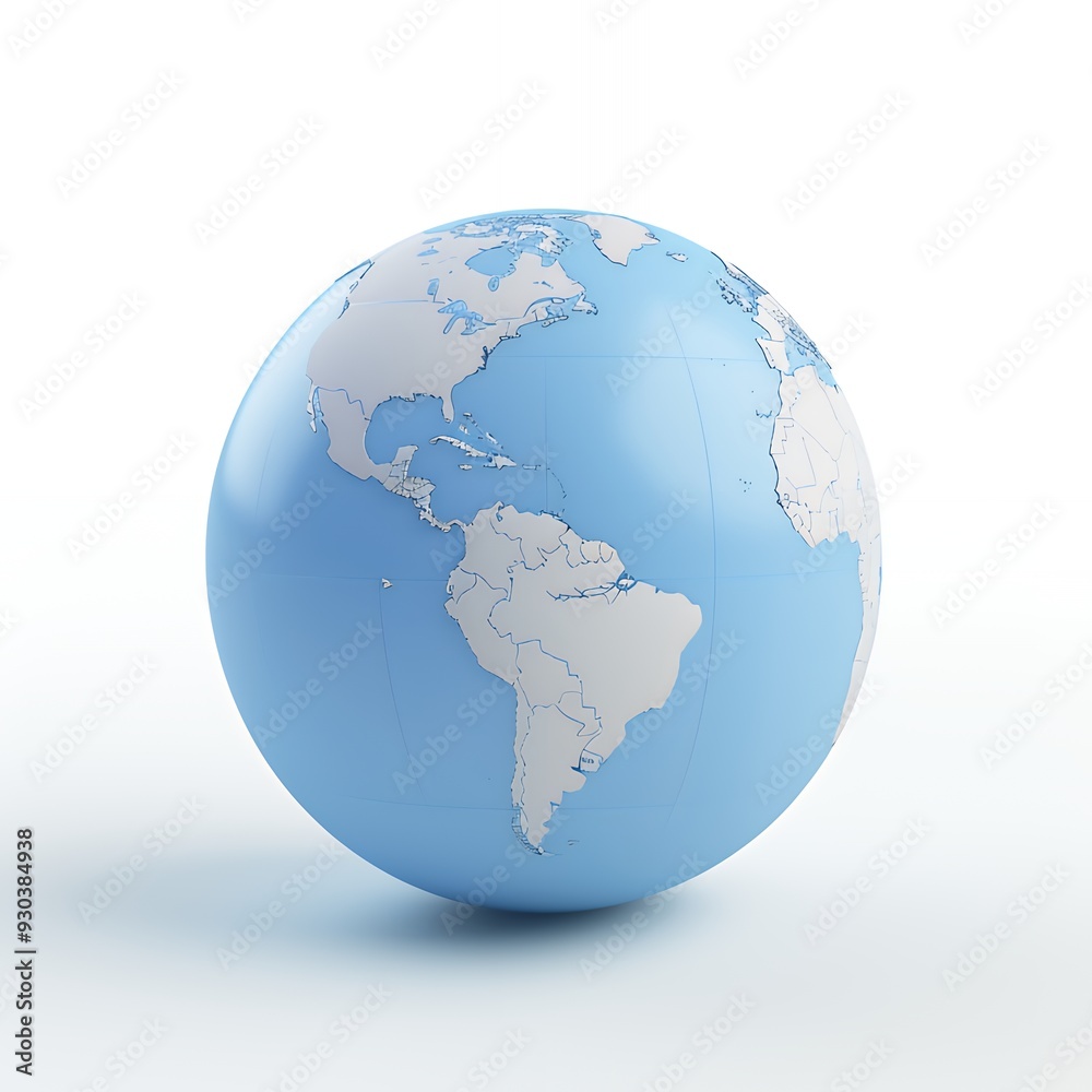 Naklejka premium A 3D globe representing Earth with blue oceans and light-colored landmasses.