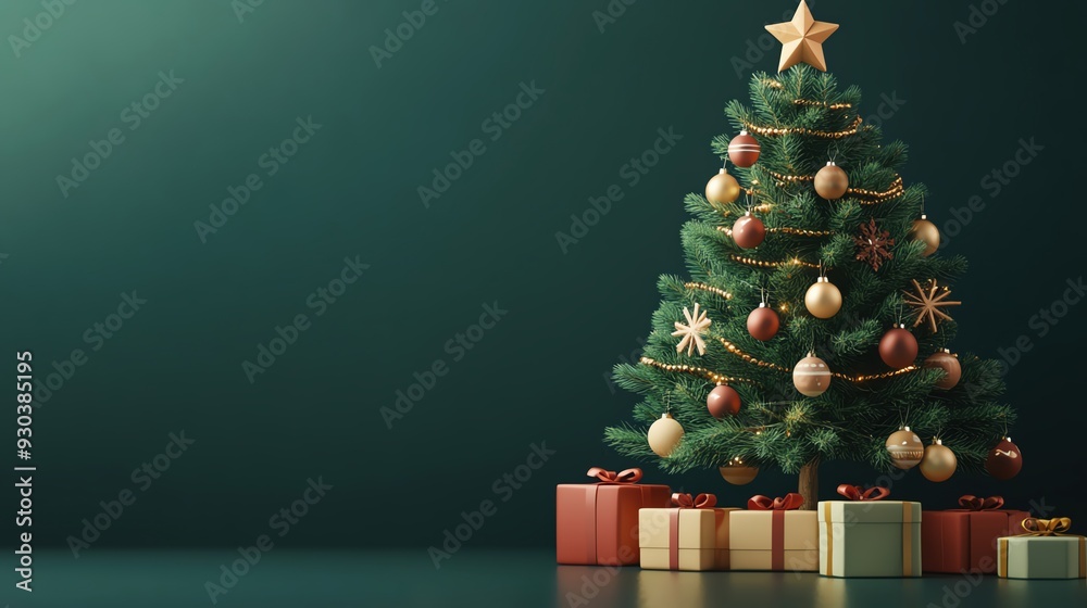 A beautifully decorated Christmas tree with ornaments and gifts, set against a dark green background, capturing festive joy. A beautifully decorated Christmas tree with ornaments and gifts, set against a dark green background, capturing festive joy.