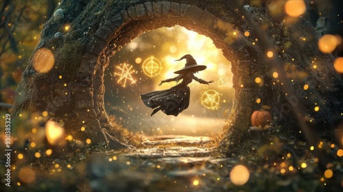 Witch flying through a portal into a enchanted realm with glowing magical symbols surrounding her photo