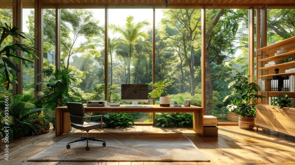 Tranquil Home Office with Lush Forest View and Modern Design