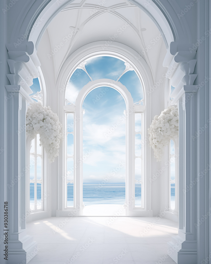 A white Gothic archway on an island, showcasing historic European architecture A white Gothic archway on an island, showcasing historic European architecture