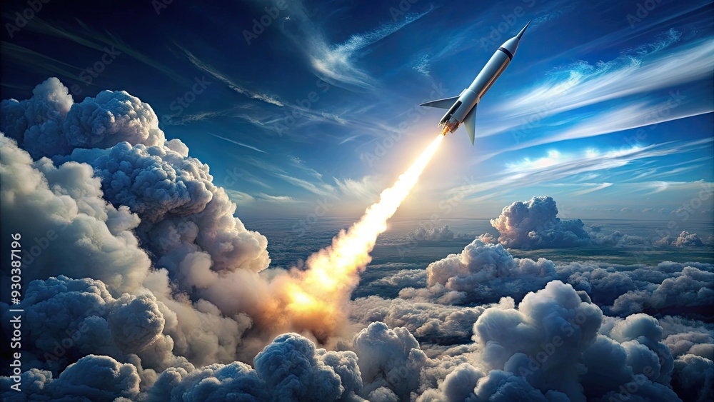 A sleek, metallic missile soars through a cloudy blue sky, leaving a ...