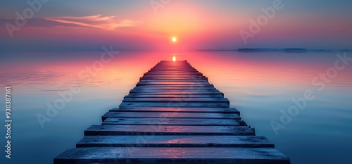 Wooden pier extending into the ocean at sunset, with a colorful sky and a bright sun in the background.