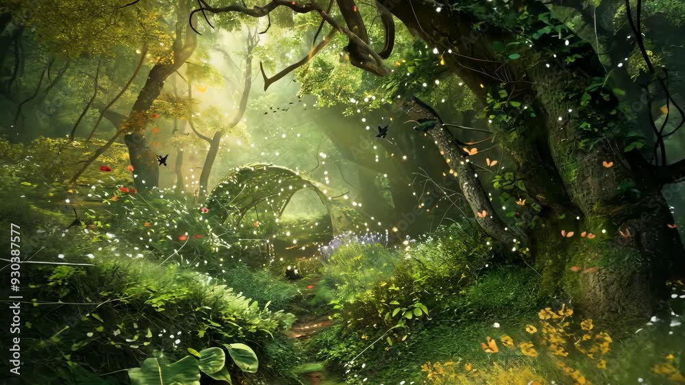 Enchanted forest scene with glowing fireflies and butterflies among lush greenery, creating a magical atmosphere. Fantasy nature concept.
