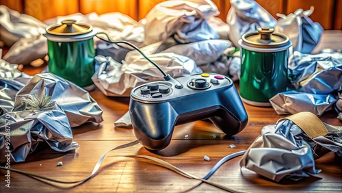 A sleek, modern gaming joystick sits atop a cluttered desk surrounded by empty soda cans, crumpled papers, and tangled cords, exuding a sense of intense gaming sessions. photo