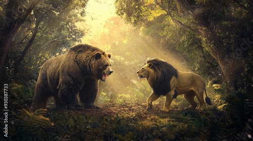 Bear and Lion Confrontation in the Jungle
