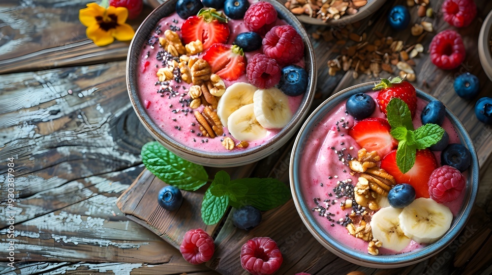 Vibrant Fruit and Nut Smoothie Bowls Arranged on Rustic Wooden Table Vibrant Fruit and Nut Smoothie Bowls Arranged on Rustic Wooden Table