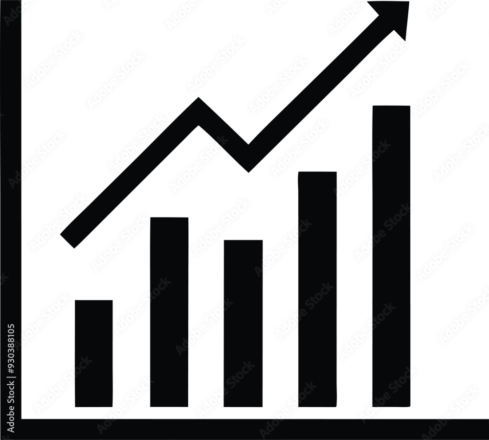 A black and white chart showing a line graph with an upward trend and bar graphs increasing in height. A black and white chart showing a line graph with an upward trend and bar graphs increasing in height.