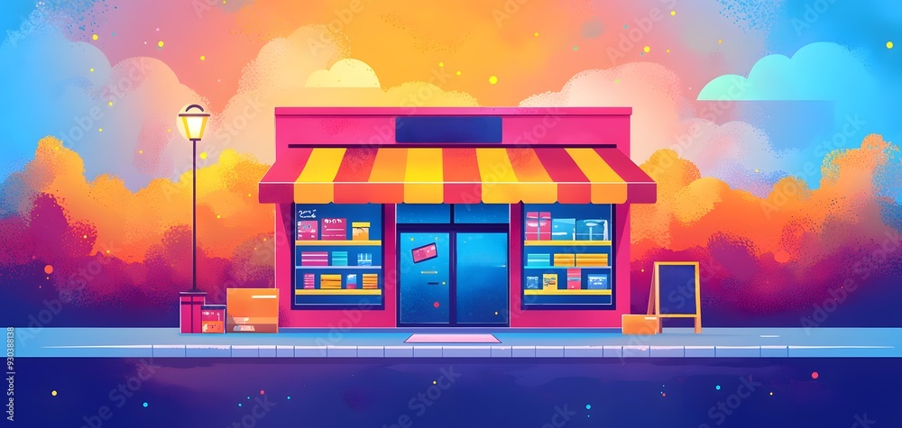A Vibrant Storefront at Dusk, Glowing with Life and Color, Ready to Welcome Customers in a Bright Scene A Vibrant Storefront at Dusk, Glowing with Life and Color, Ready to Welcome Customers in a Bright Scene