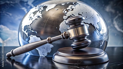 A sleek, silver gavel rests on a globe, symbolizing international law, justice, and regulatory power on a global scale.