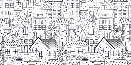 A seamless pattern of houses, trees, stars. flat design, cartoon style.  A fashionable hand-drawn illustration. for print, paper, childrens wallpaper. art modern illustration. photo