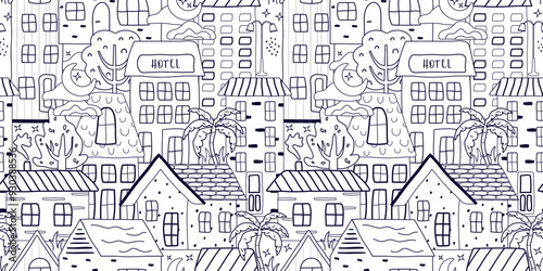 European houses, trees, with a seamless hand-drawn pattern. cute, childish, trending background. flat, cartoon, urban style. for print, paper, banner. art vector illustration.