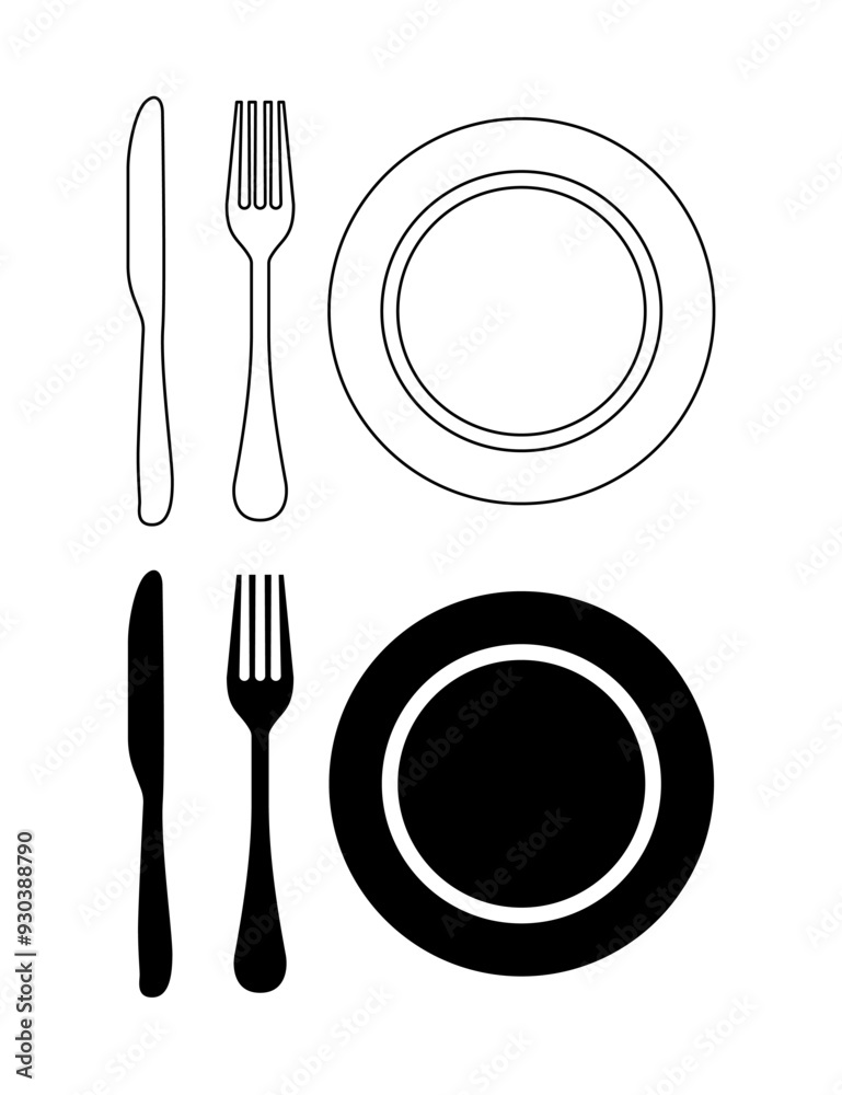 Plate, fork and knife black and white flat vector icon design on white background Plate, fork and knife black and white flat vector icon design on white background