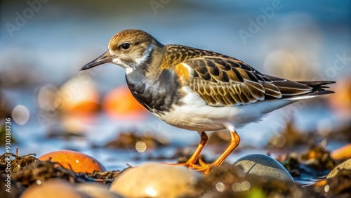 A small, dark-plumed shorebird with distinctive white patches, the black turnstone forages for food on a rocky beach at low tide. photo