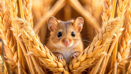 A small, furry field mouse peeks out from behind a bundle of dry wheat stalks in a sun-drenched, rustic agricultural landscape.