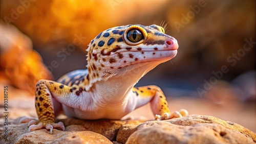 A small, gentle leopard gecko lizard with brown and yellow spots sits on a rock, looking up with curious, big round eyes in a desert habitat. photo
