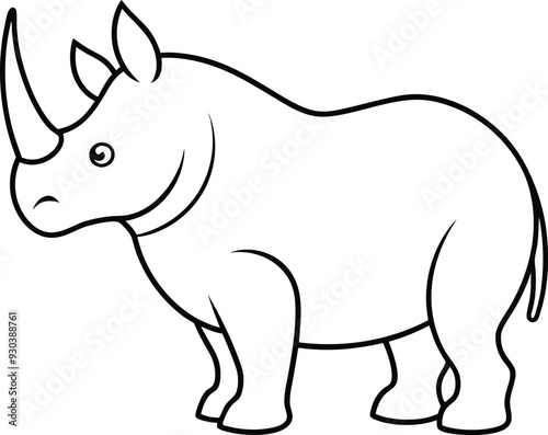 Rhinoceros outline or line art or sketch illustration, with its prominent horn and bulky body, drawn with thick, sturdy lines on a white background.