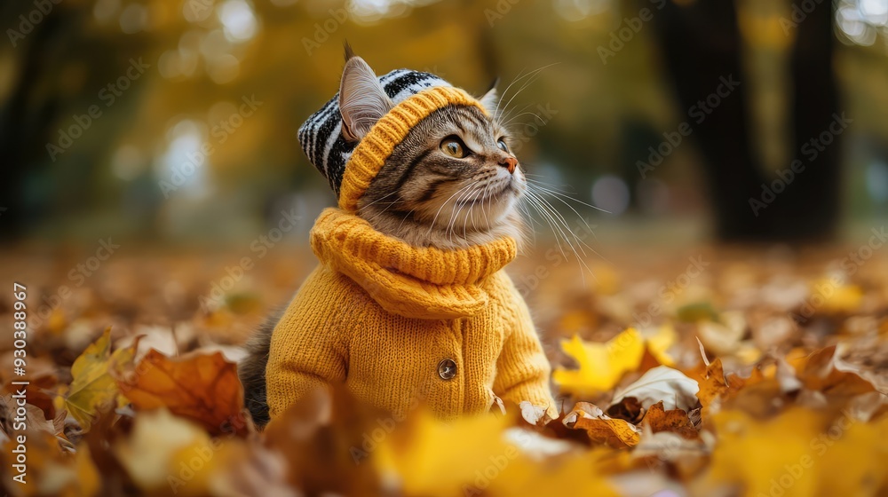 In the autumn park, the cat in autumn clothes changes the calendar of the autumn season. Ai generation In the autumn park, the cat in autumn clothes changes the calendar of the autumn season. Ai generation