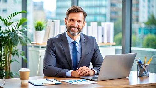 A smiling business advisor sits at a desk surrounded by financial charts and laptops, offering guidance to clients seeking to manage their investments effectively.