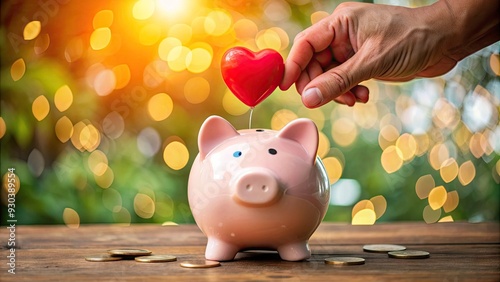 A smiling hand placing a coin into a piggy bank with a red heart on it, surrounded by scattered coins and a blurred charity background. photo