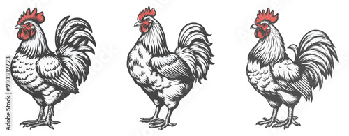 White rooster with red comb and wattles, black outline cartoon illustration, generative ai