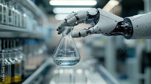 Close-up of a rootic hand holding a glass eaker in a la, focusing on the precision of rootics in scientific research. photo