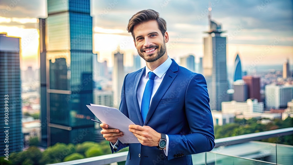 Fototapeta premium A smiling young professional in a blue suit holds a policy document and pen, surrounded by a cityscape, conveying confidence and financial security.