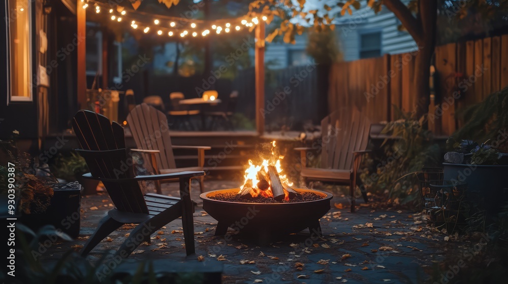 Cozy fall patio fire with chairs. Fairy lights in the evening by the fire pit and in the background. Ai generation Cozy fall patio fire with chairs. Fairy lights in the evening by the fire pit and in the background. Ai generation
