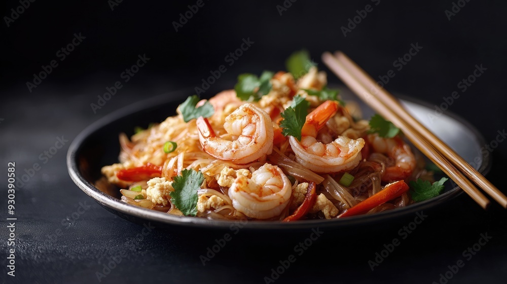 World-famous Shrimp Pad Thai, freshly cooked and presented on a traditional enameled metal plate, with chopsticks on the side, set against an abstract black background.