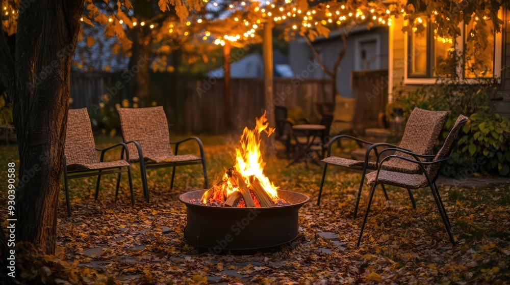 Cozy fall patio fire with chairs. Fairy lights in the evening by the fire pit and in the background. Ai generation Cozy fall patio fire with chairs. Fairy lights in the evening by the fire pit and in the background. Ai generation