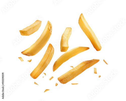 A cluster of golden french fries, freshly fried and scattered in mid-air with a few crispy crumbs.