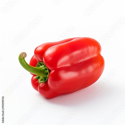 A vibrant red bell pepper with a glossy, smooth surface, showcasing its freshness. The pepper is slightly curved, about 4 inches long and 3 inches wide, on a clean white background.