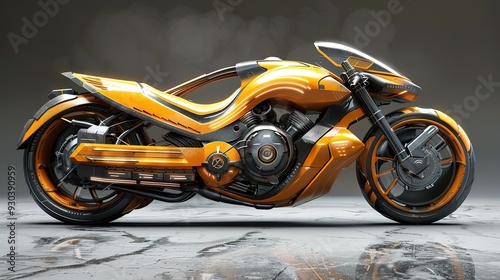 Futuristic yellow motorcycle with exposed engine and sleek design. photo