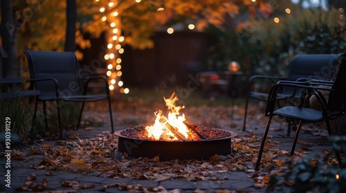 Cozy fall patio fire with chairs. Fairy lights in the evening by the fire pit and in the background. Ai generation