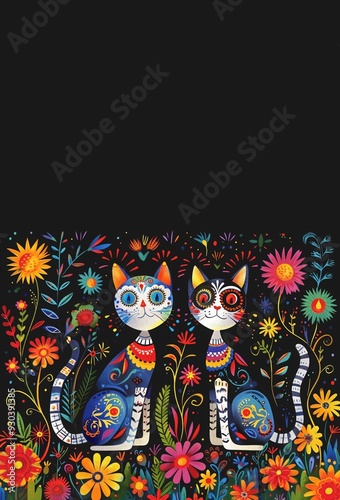 Funny cats decorated skulls and skeleton and Mexican traditional symbols, elements and flowers on dark background. Day of the dead, Dia de los muertos. Cute greeting card for  mexican holiday. 